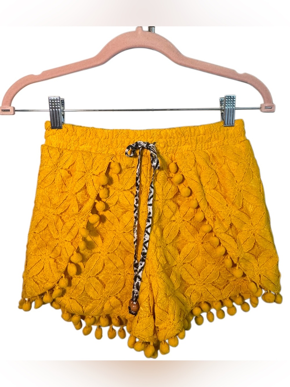 Xhilaration Yellow Lace Pom-Trim High Waist Shorts